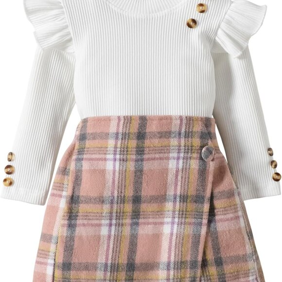 Fashionable Ruffled Top and Plaid Shorts Skirt Set for Toddler Girls (18-24M) - Picture 1 of 6